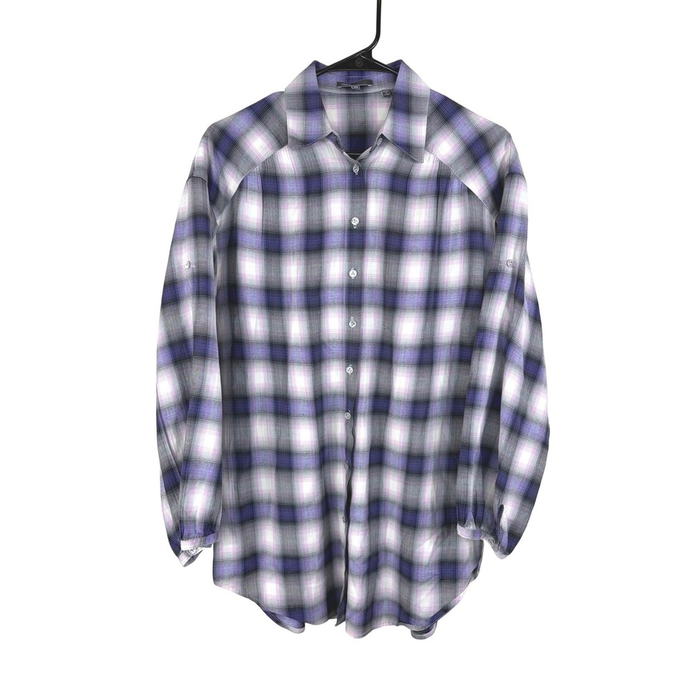 Vince Plaid Button Down Roll Tab Sleeve Blouse Purple Women's Size XS Grunge